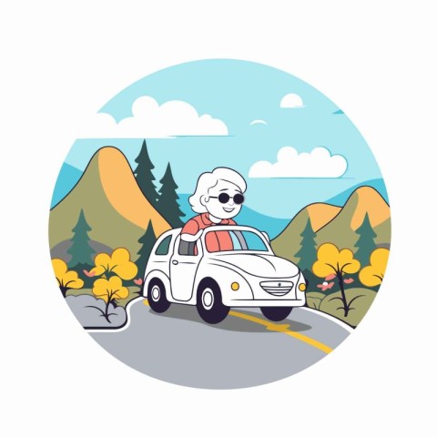 Senior woman driving a car in the mountains. Vector illustration