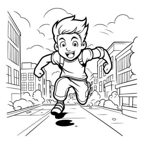 Black and White Cartoon Illustration of Kid Boy Running or Runni