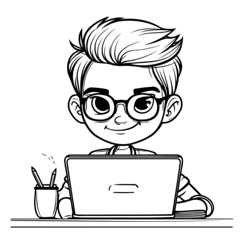 Boy with glasses using laptop. Vector illustration of a cartoon