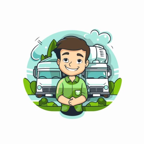 Smiling man standing in front of camper van. Vector illustration