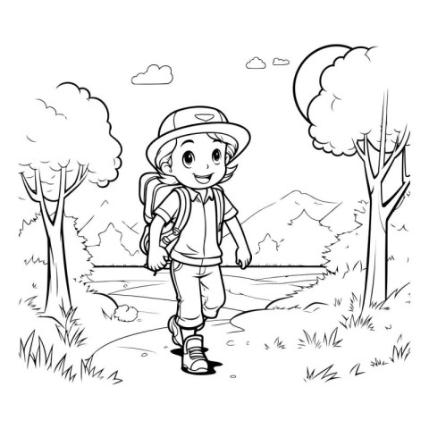 Coloring Page Outline Of a Little Boy Hiking in the Forest