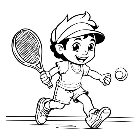 Black and White Cartoon Illustration of Kid Playing Tennis Color