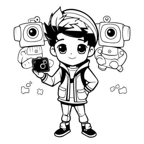 Cute little boy with many photo cameras. Black and white vector