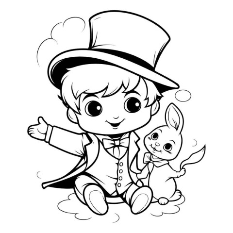 Black and White Cartoon Illustration of Cute Little Boy magician