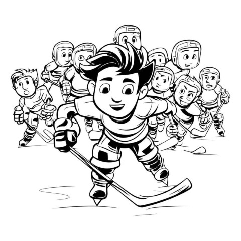 Cartoon illustration of a boy playing ice hockey - Coloring book