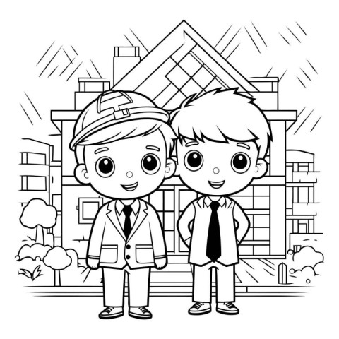 Construction worker and engineer cartoon in the city scenery vec