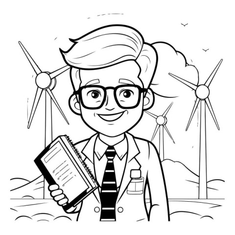 Cartoon man with notebook and wind turbine in the background. Ve