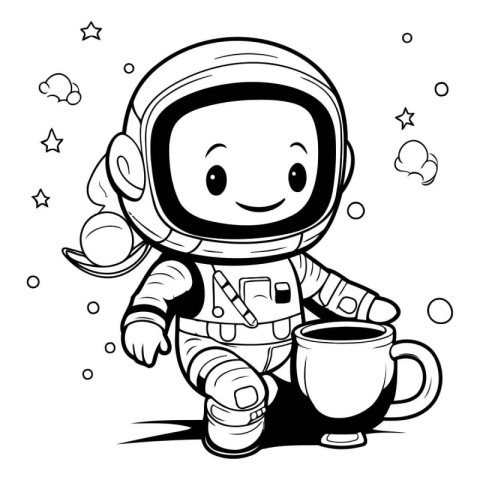 Astronaut with a cup of coffee - black and white vector illustra