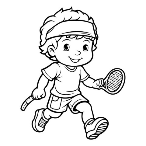 Coloring Page Outline Of a Kid Playing Tennis Vector Illustratio