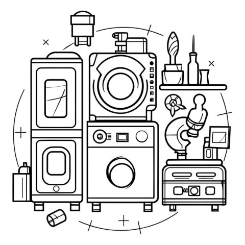 Line art illustration of household appliances. Household applian