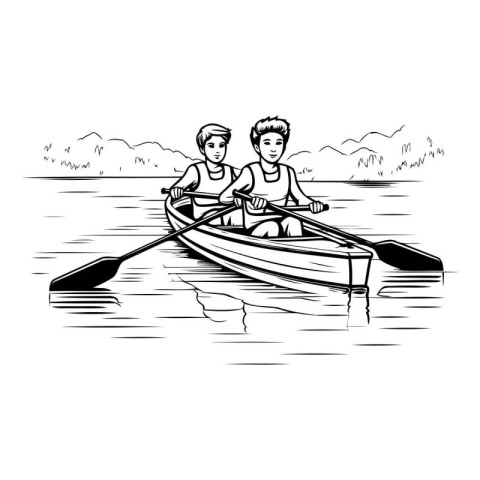 Two men rowing on the lake. Black and white vector illustration.