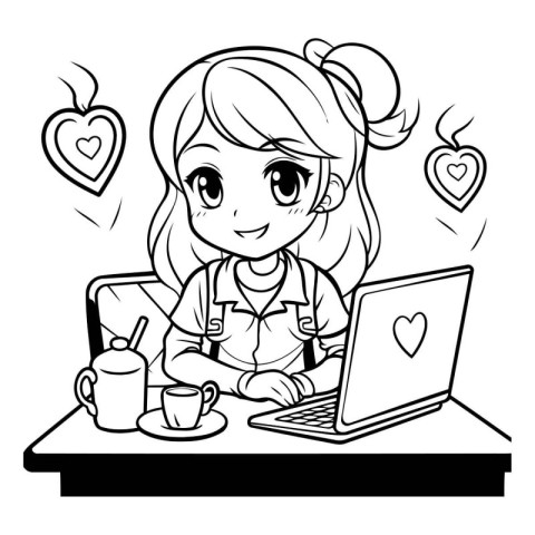 Cute little girl sitting at the table in front of a laptop and d