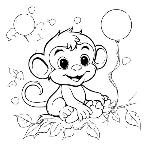 Monkey with balloons and leaves. Vector illustration for colorin