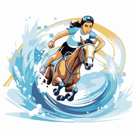 Illustration of a jockey on horse jumping over a water wave