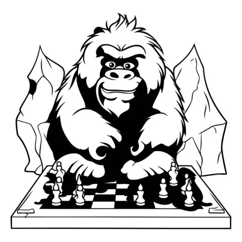 Gorilla and chess. Black and white vector illustration for tatto