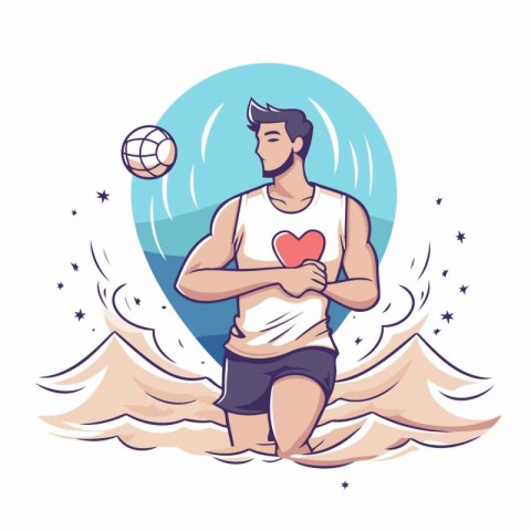 Man with heart in his hand on the beach. Vector illustration.