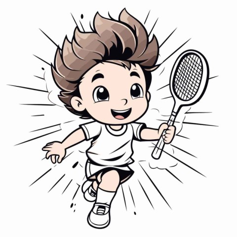 Cartoon boy playing badminton. Vector clip art illustration.