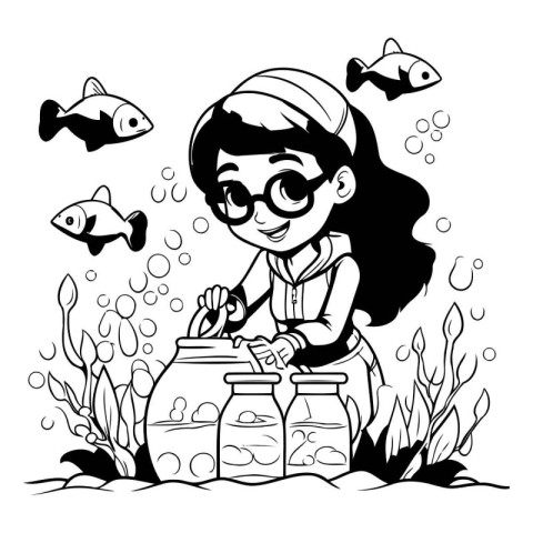 Black and white illustration of a little girl watering fish in t