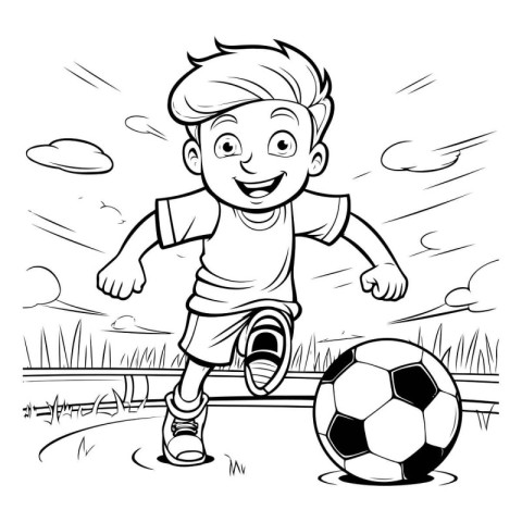 Black and White Cartoon Illustration of Kid Playing Soccer or Fo