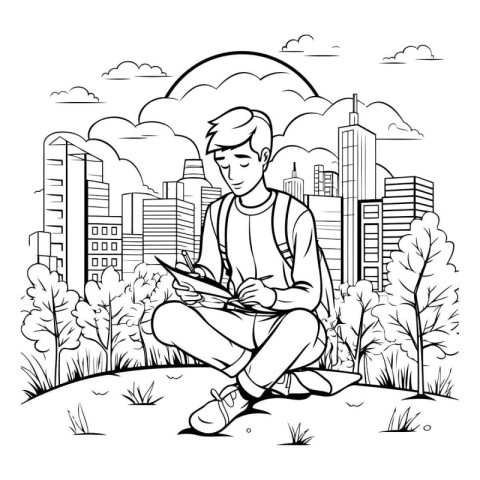 young man using tablet in the park cartoon vector illustration g