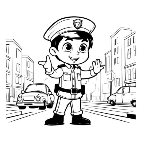 Black and White Cartoon Illustration of a Kid Boy Police Officer