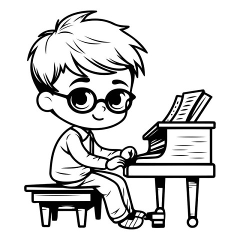 Cute Boy Playing Piano - Black and White Cartoon Illustration. V