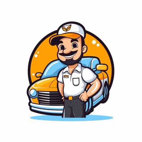 Hipster taxi driver with car. Vector illustration in cartoon sty