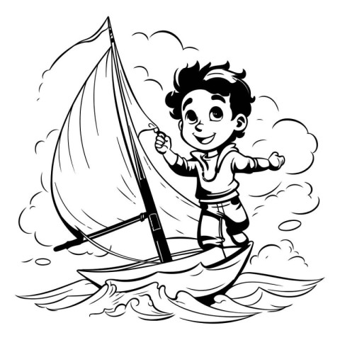 Boy sailing on a sailboat. black and white vector illustration.