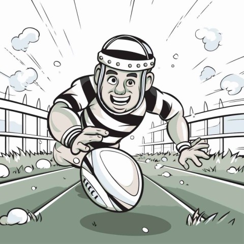 Illustration of a rugby player running with ball on the field.