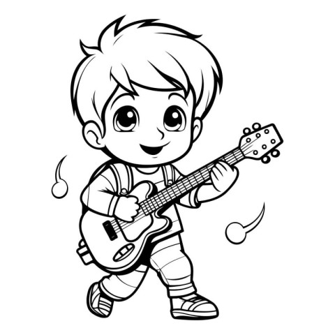 Illustration of a Cute Little Boy Playing the Guitar - Coloring