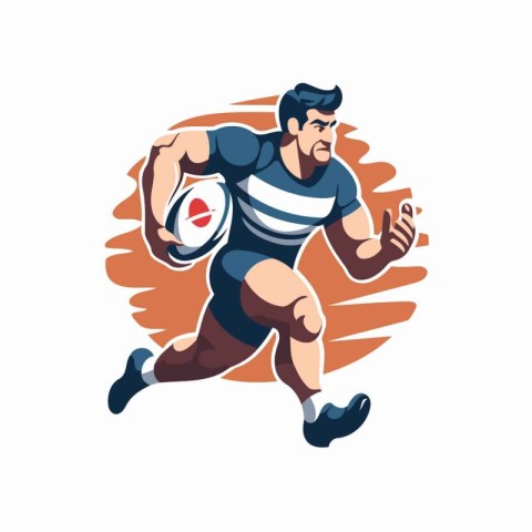 Rugby player running with ball. Vector illustration in retro sty