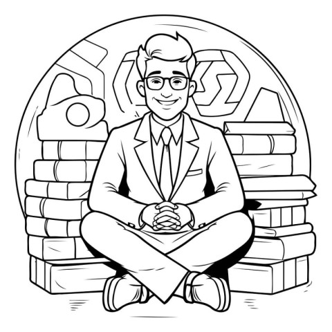 Black and white illustration of a businessman sitting on a pile