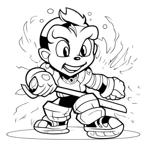 Black and White Cartoon Illustration of a Kid Boy Playing Hockey