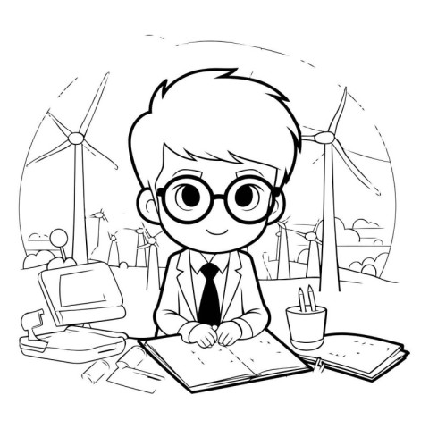 Businessman working at the office. black and white vector illust