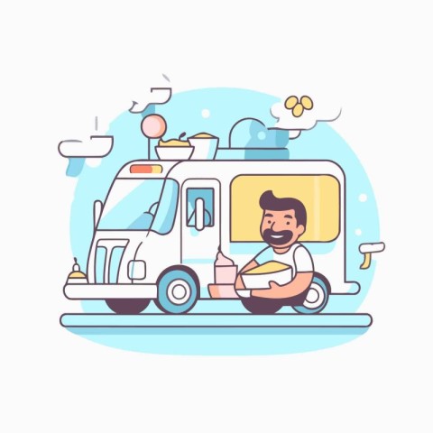 Vector illustration of a man with ice cream in the truck. Food d