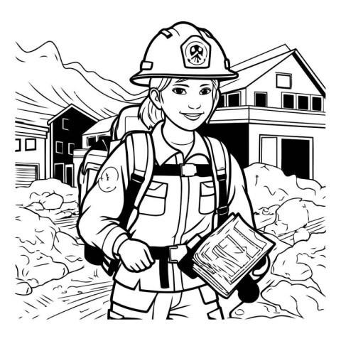 Black and White Cartoon Illustration of Fireman or Fireman with