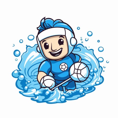 Cartoon soccer player with a ball in the water. Vector illustrat