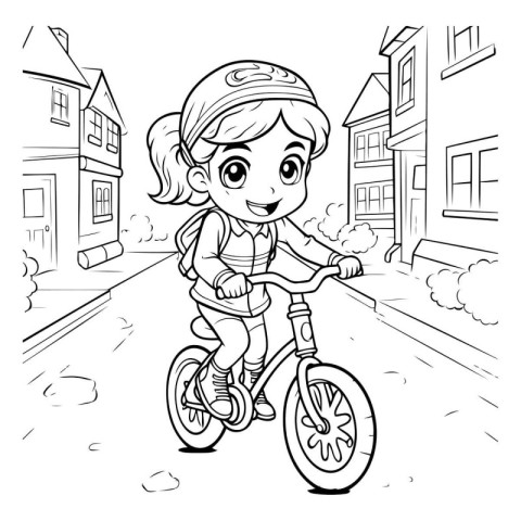 Black and White Cartoon Illustration of Little Girl Riding a Bik