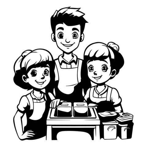 Kids at school black and white vector illustration graphic desig