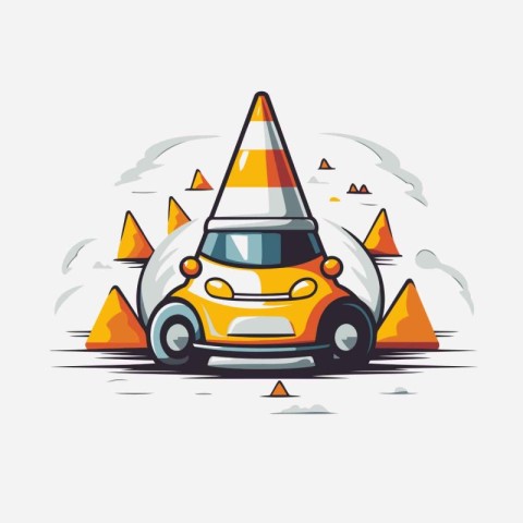 Cars on the road with traffic cones. Vector illustration in flat