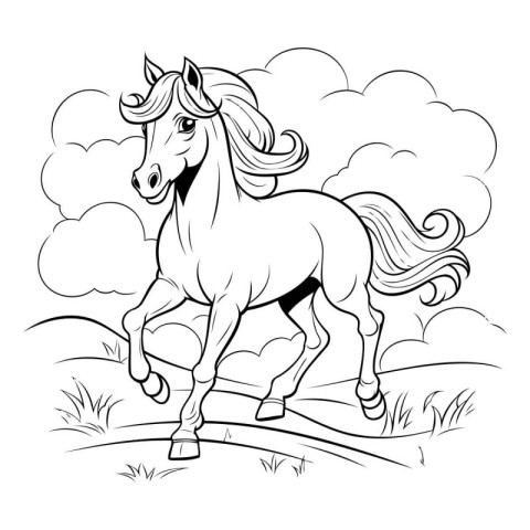 Black and white vector illustration of a horse running on the fi