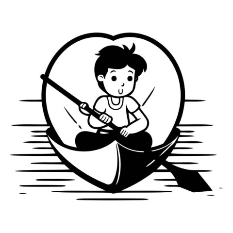 Black and white illustration of a boy rowing a canoe in a heart