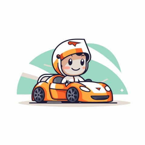 Cute little boy driving a race car. Vector cartoon illustration.