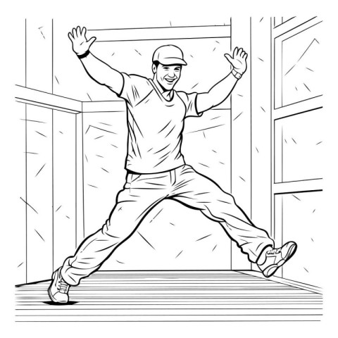 Hip hop dancer in action. Black and white vector illustration.