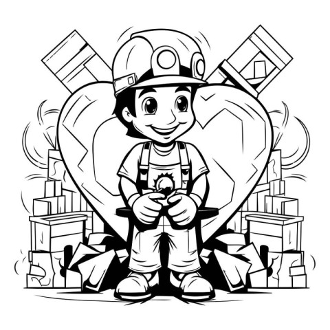 Black and White Cartoon Illustration of a Kid Boy in a Fireman C