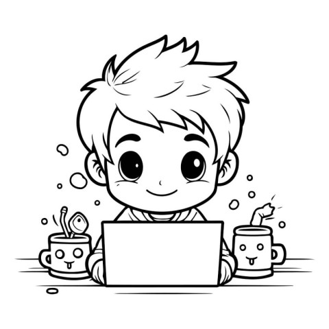 Cute boy with laptop and cup of coffee - vector illustration.