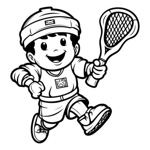 Cartoon Illustration of Kid Playing Tennis - Sport Coloring Book