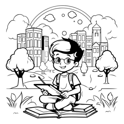 Boy reading a book in the park. Vector illustration for coloring