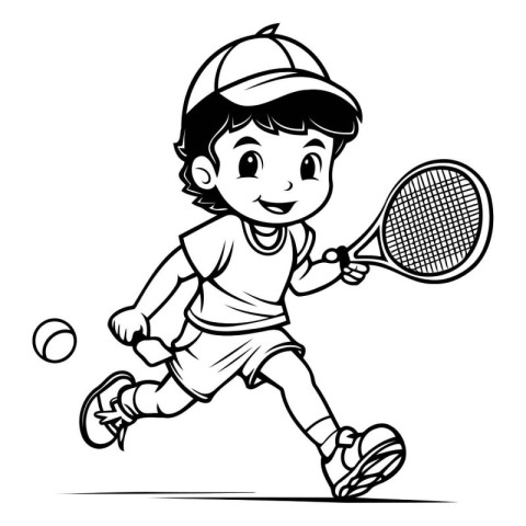 Little boy playing tennis - black and white vector illustration