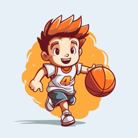 Cartoon boy playing basketball. Vector illustration of a boy pla